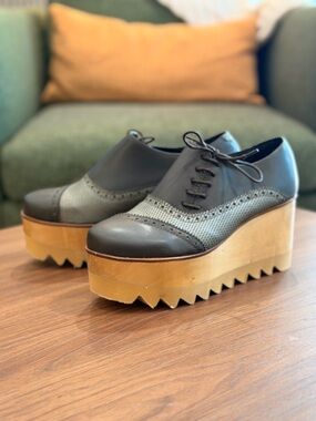 NEW sz7 Marita Moreno Dali Derby Brown Platform Wedge Shoes Wooden Base Academia